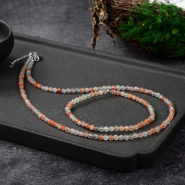 Necklace sunstone (Arusha), beads (4mm) faceted, rhodiniert, extension chain | Marco Schreier