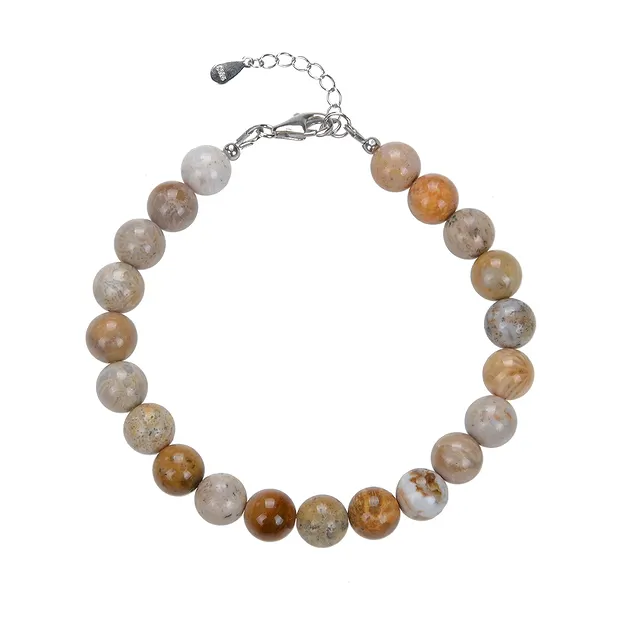 Armband versteinerte Koralle, 8mm-Kugeln, Verlängerungskettchen, rhodiniert | Marco Schreier