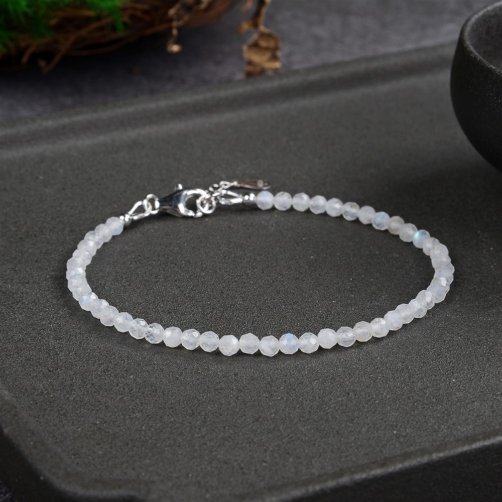 Bracelet en Labradorite (blanche) boules (3mm), facettées rhodiées, Chaîne d'extension | Marco Schreier