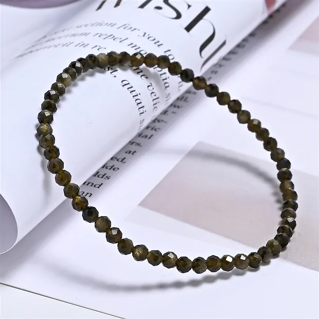 Bracelet, Obsidienne (or brillant), 03mm boules, facettes, 19cm | Marco Schreier