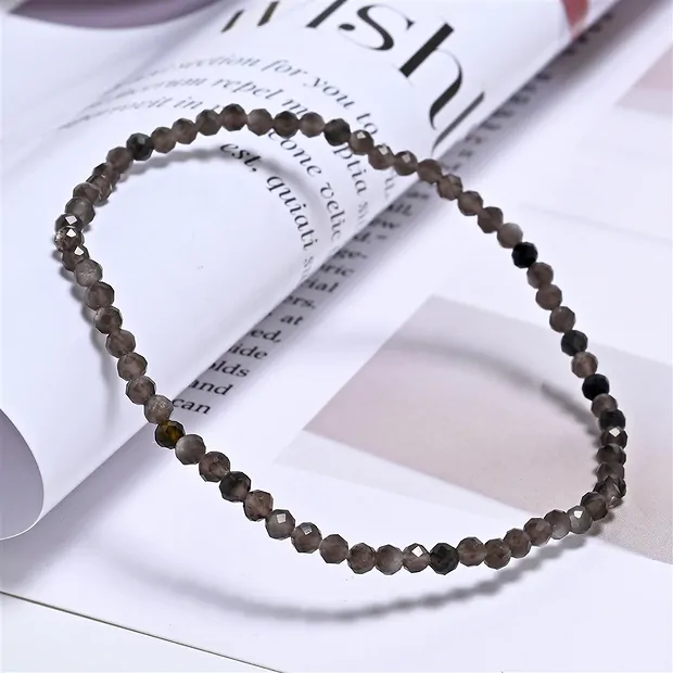 Bracelet, Obsidienne (argent brillant), 03mm boules, facettes, 19cm | Marco Schreier