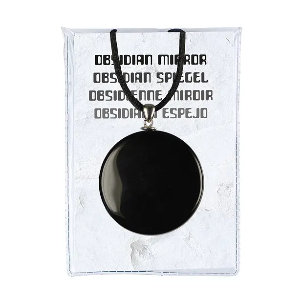 Spiegel Obsidian (schwarz) mit Silberöse und Schnur, 4cm | Marco Schreier