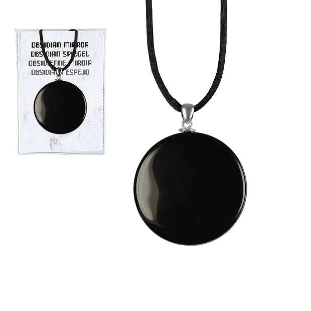 Spiegel Obsidian (schwarz) mit Silberöse und Schnur, 4cm | Marco Schreier