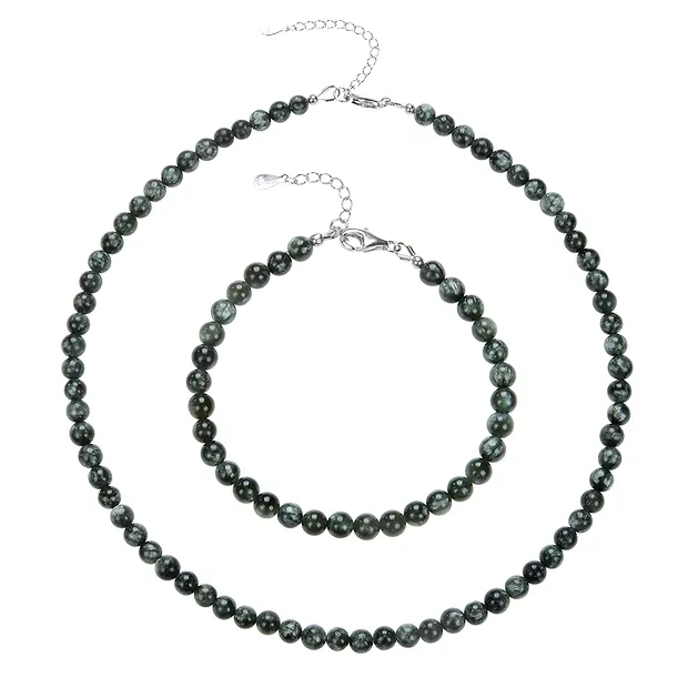 Collar de serafinita, cuentas (5,5 mm), rodinado, cadena extensible | Marco Schreier