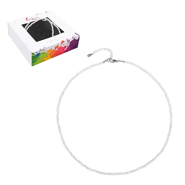 Collana Topazio (bianco), perline (3 mm) sfaccettate, rodiate, catena di prolunga | Marco Schreier