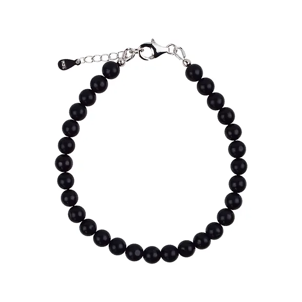 Bracelet Shungite (stab.), boules de 6mm, Chaîne d'extension, rhodié | Marco Schreier