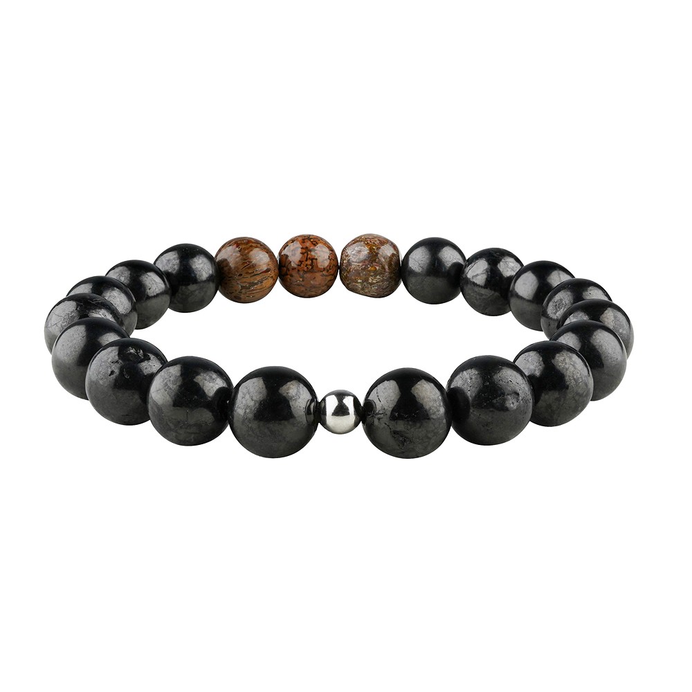 Bracelet, Shungite (stab.), os de dinosaure, 09 - 10 mm, perles | Marco Schreier