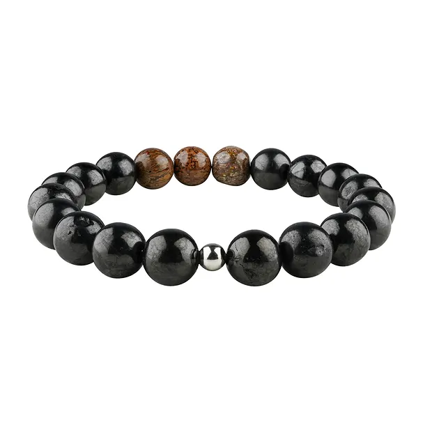 Bracelet, Shungite (stab.), os de dinosaure, 09 - 10 mm, perles | Marco Schreier