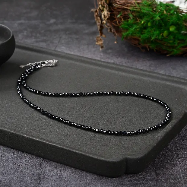 Necklace Spinel (black) beads (3mm), faceted rhodiniert, extension chain | Marco Schreier
