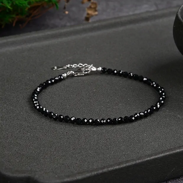 Bracelet en Spinelle (noir) boules (3mm), facettées, rhodiées, Chaîne d'extension | Marco Schreier