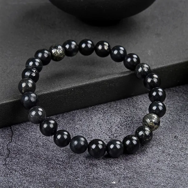 Bracelet, Pyrite in slate, 08mm beads | wholesale gems, healing stones & jewelry