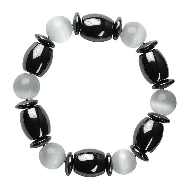 Bracelet, hematin/cat's eye white (Glass) | wholesaler gems & healing stones