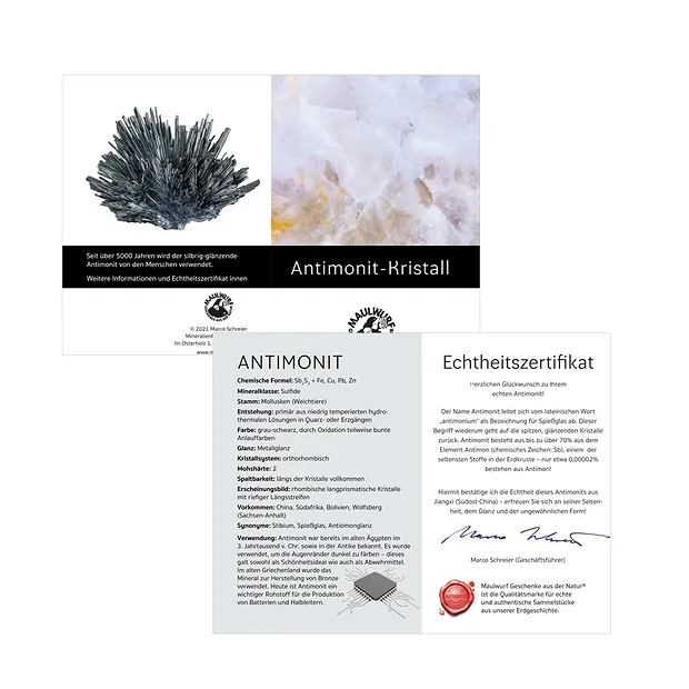 Antimonite en cristal, 07 - 09cm (moyen), avec encart en pochette | Marco Schreier