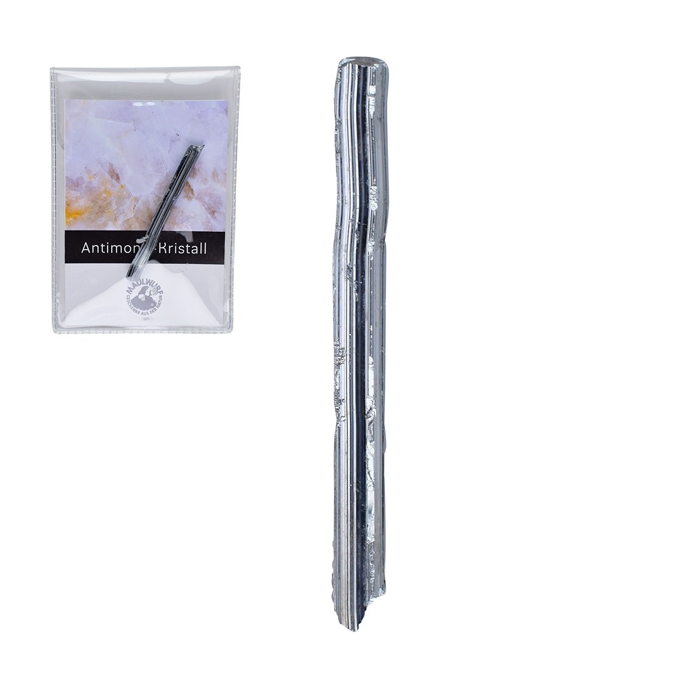 Antimonite en cristal, 08 - 10cm (grand), avec encart en pochette | Marco Schreier