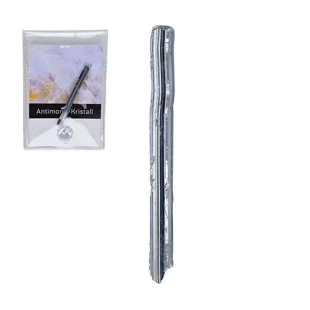 Antimonite en cristal, 08 - 10cm (grand), avec encart en pochette | Marco Schreier