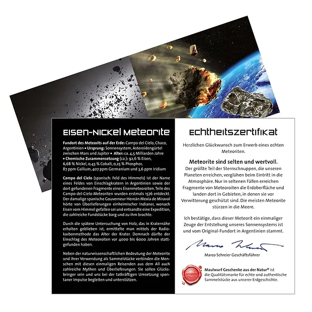 Meteorite 12-15 gram with certificate card in pouch | Marco Schreier
