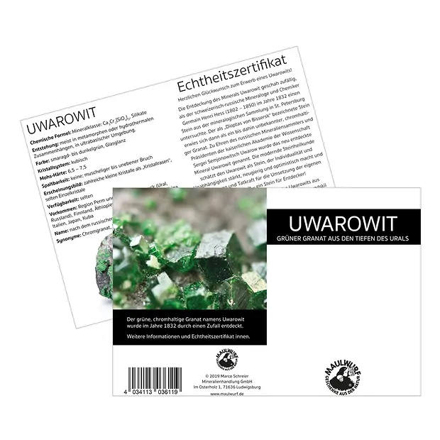 Uvarovite with certificate card in pouch | wholesaler gems & healing stones