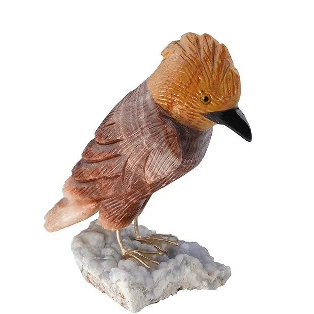 Engraved bird (rock cock), jasper, orange calcite, 10cm | Marco Schreier