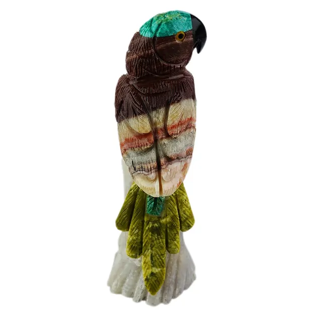 Gravur Vogel (Papagei), Calcit, Chrysocoll, Serpentin, 13cm | Marco Schreier