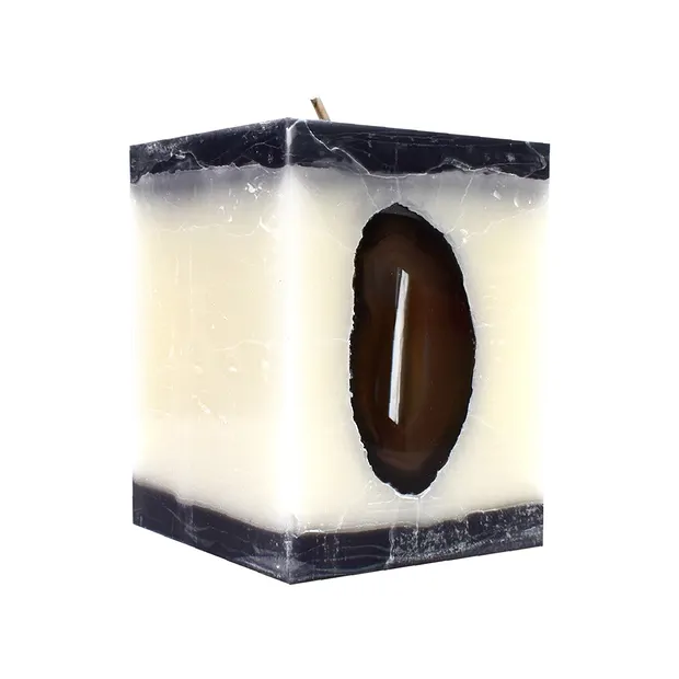 Candle with Agate, cuboid, white, graphite, 10cm | Marco Schreier