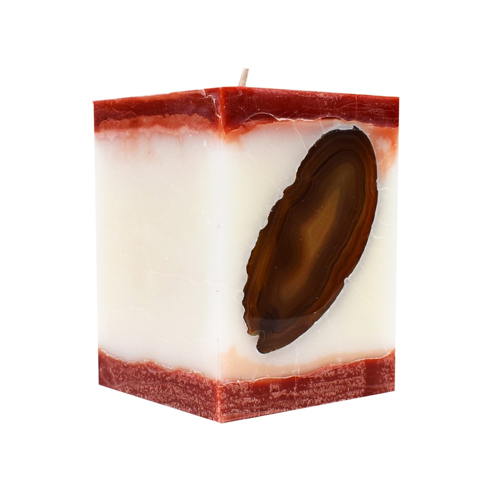 Candle with Agate, cuboid, white, red-brown, 10cm | Marco Schreier