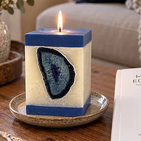 Candela con Agata, cuboide, bianco, blu, 10cm  | Marco Schreier