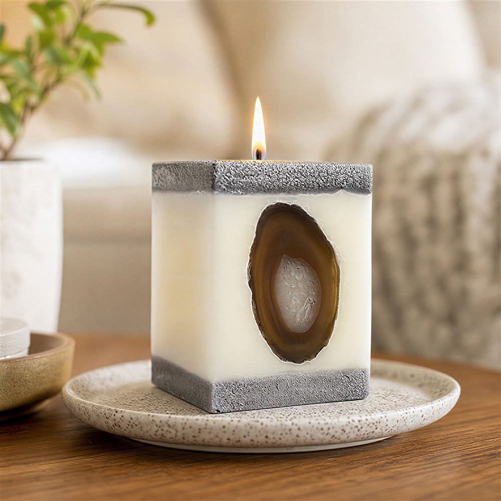 Candle with Agate, cuboid, white, silver, 10cm | gems, healing stones & jewelry