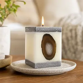 Kerze mit Achat, Quader, weiß, silber, 10cm | Edelsteine, Heilsteine & Schmuck