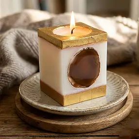 Bougie avec Agate, parallélépipède, blanc, Or, 10cm | Marco Schreier