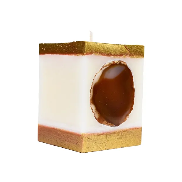 Candela con Agata, cuboide, bianco, Oro, 10cm | Marco Schreier