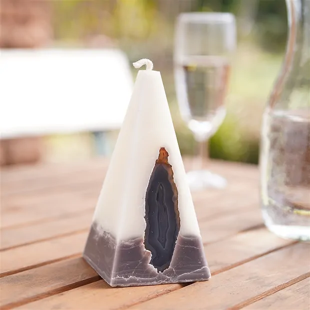 Kerze mit Achat, Pyramide, weiß, anthrazit, 11,5cm | Marco Schreier