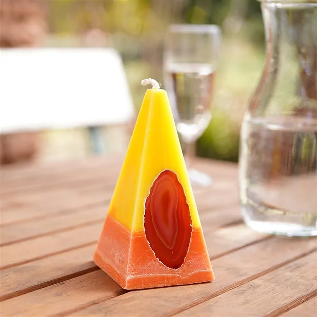Kerze mit Achat, Pyramide, gelb, orange, 11,5cm | Marco Schreier