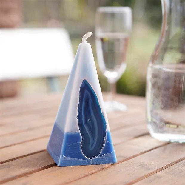 Kerze mit Achat, Pyramide, hellblau, dunkelblau, 11,5cm | Marco Schreier