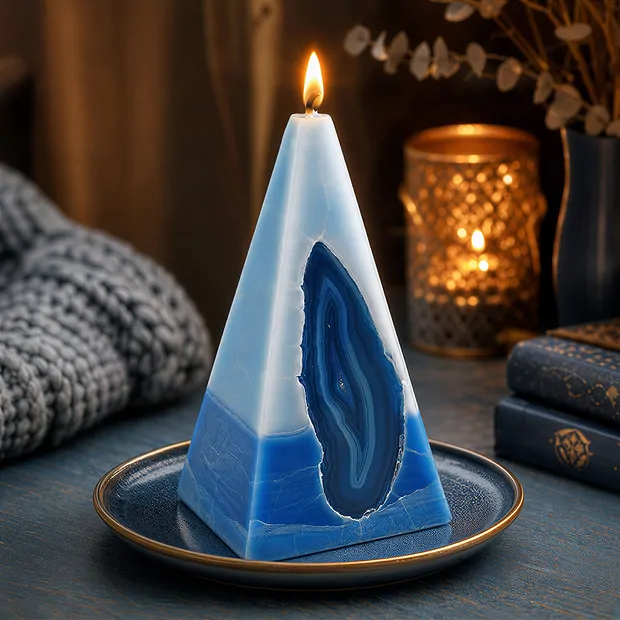 Bougie avec Agate, Pyramide, bleu clair, bleu foncé, 11,5cm | Marco Schreier