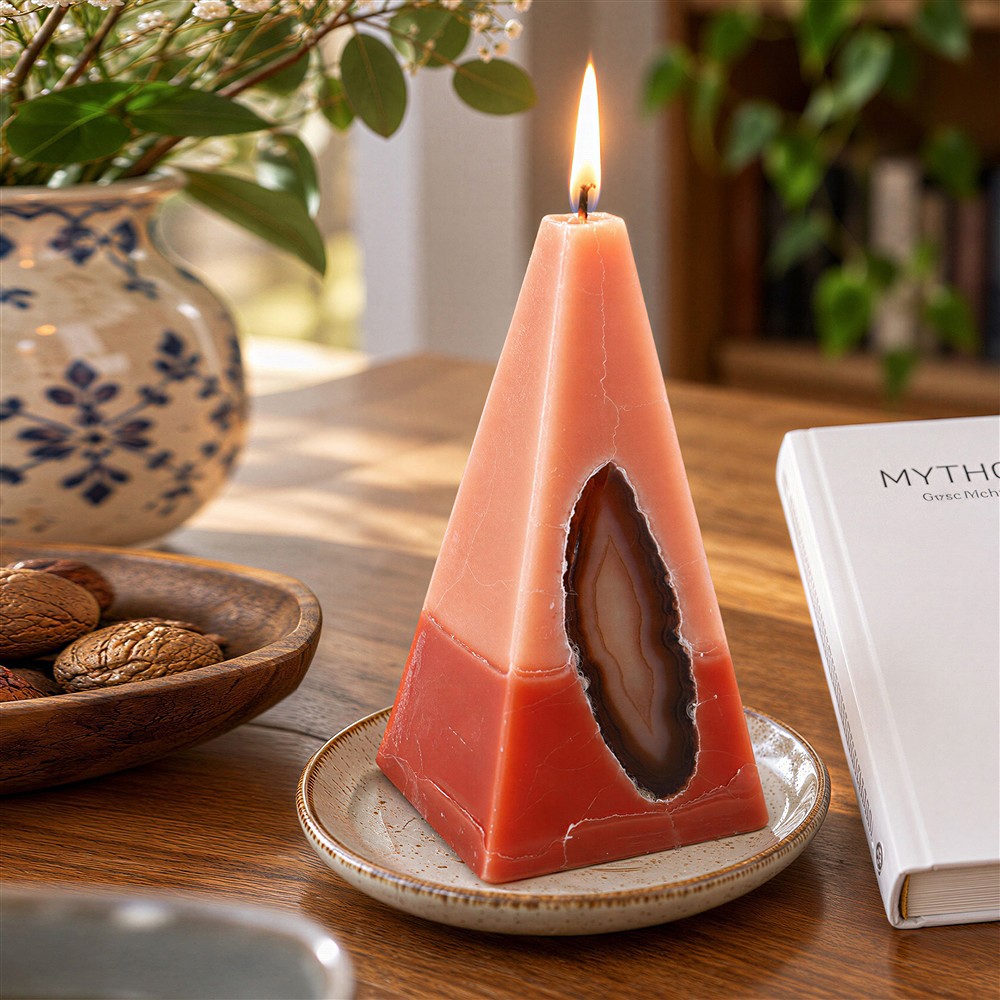 Candle with Agate, pyramid, orange, brown, 11,5cm  | Marco Schreier