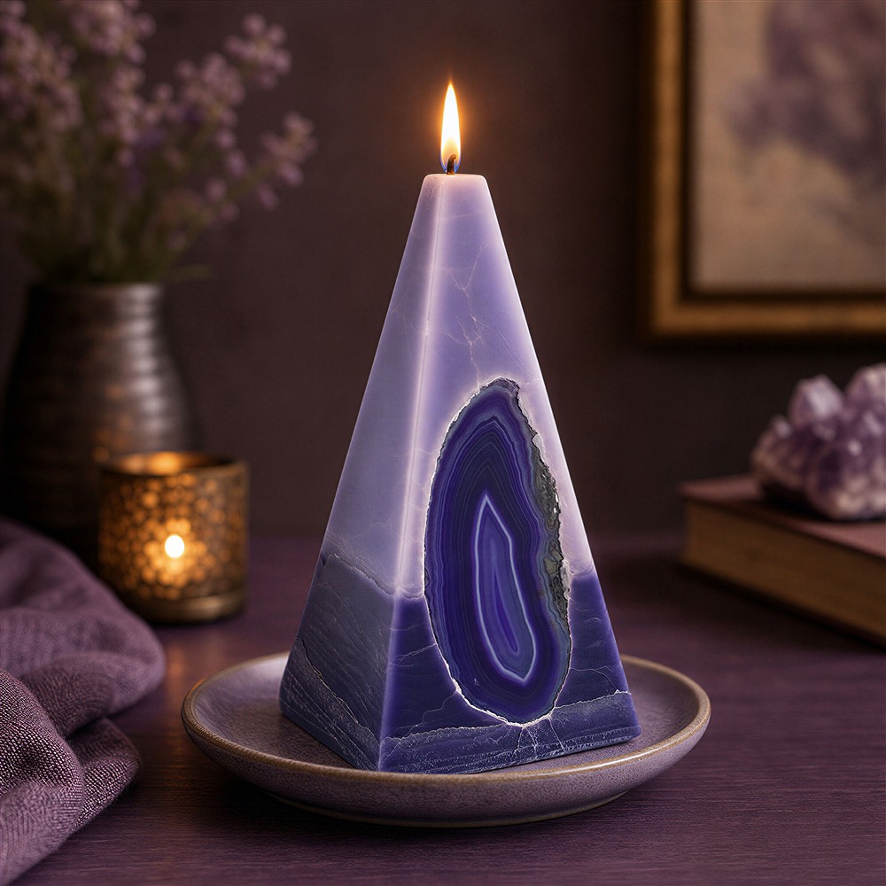 Candle with Agate, pyramid, light purple, dark purple, 11.5cm | Marco Schreier