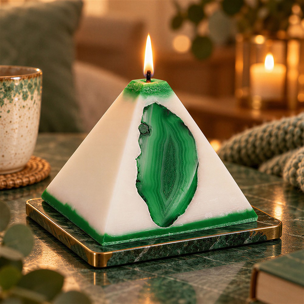 Kerze mit Achat, Pyramide, weiß, grün, 11cm | Edelsteine, Heilsteine & Schmuck