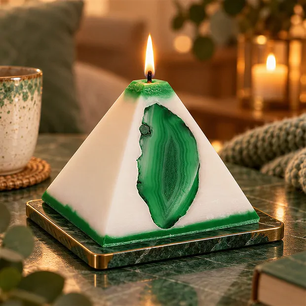 Kerze mit Achat, Pyramide, weiß, grün, 11cm | Edelsteine, Heilsteine & Schmuck