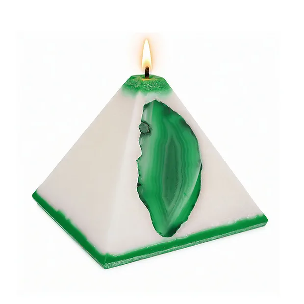 Kerze mit Achat, Pyramide, weiß, grün, 11cm | Edelsteine, Heilsteine & Schmuck
