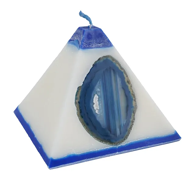 Candle with Agate, pyramid, white, blue, 11,0cm | gems, healing stones & jewelry