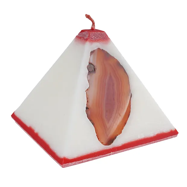 Candle with Agate, pyramid, white, red, 11,0cm | gems, healing stones & jewelry