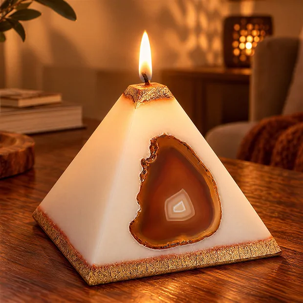 Kerze mit Achat, Pyramide, weiß, gold, 11cm | Edelsteine, Heilsteine & Schmuck