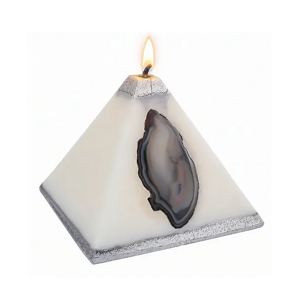 Kerze mit Achat, Pyramide, weiß, silber, 11cm | Marco Schreier