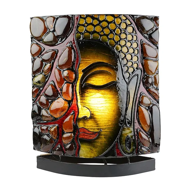 Amber lamp oval, Buddha / OM green, 30cm | wholesaler gems & healing stones