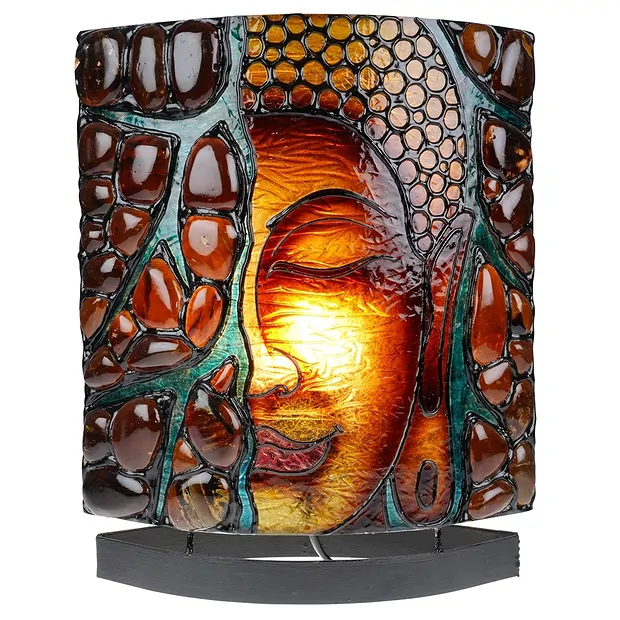 Amber lamp oval, Buddha / OM red, 30cm | Schreier gems, healing stones & jewelry