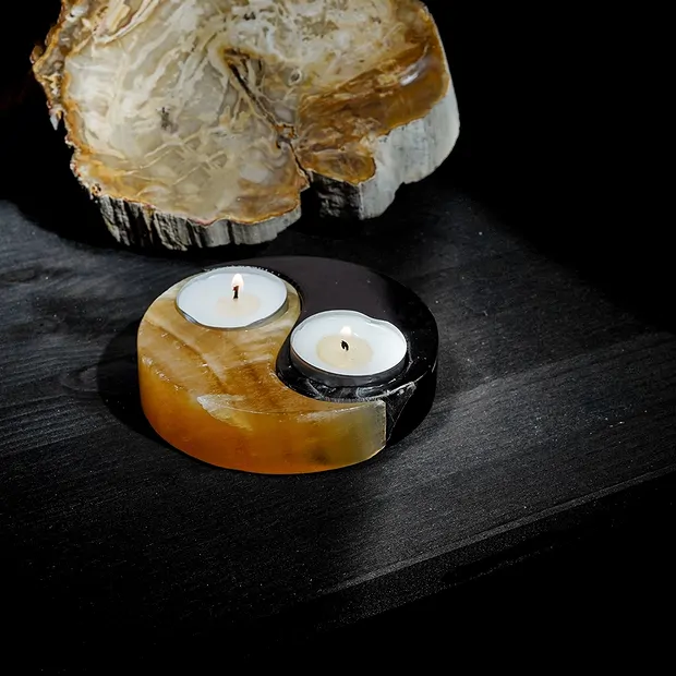 Tealight Calcite (orange, black), Yin Yang, 10cm | Marco Schreier
