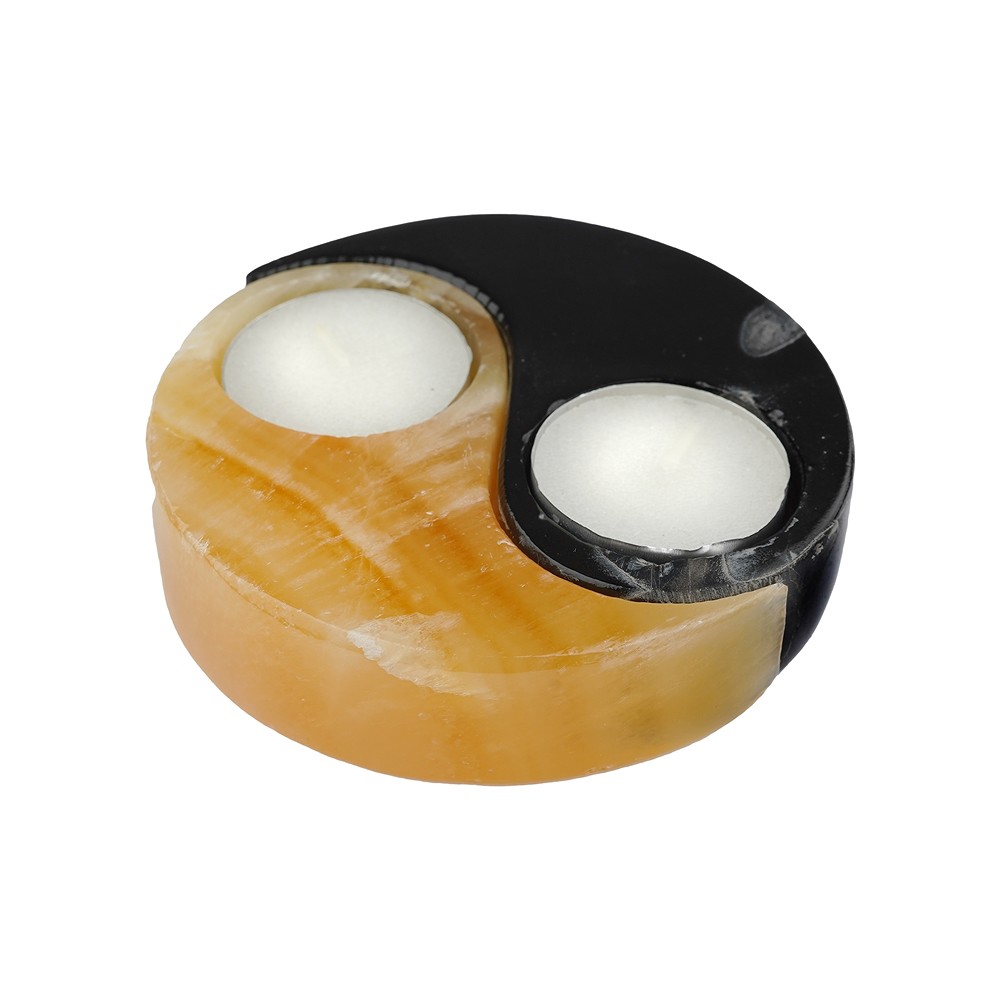 Tealight Calcite (orange, black), Yin Yang, 10cm | Marco Schreier