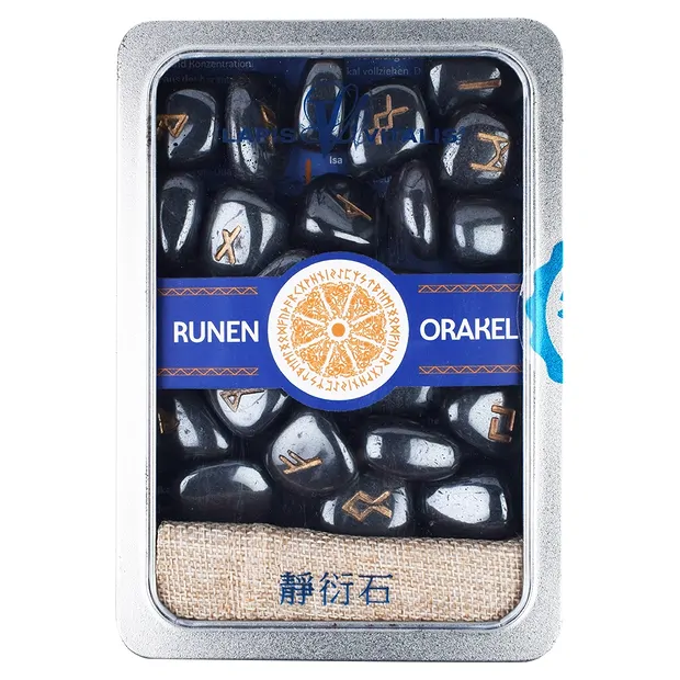 Runenorakel Hämatit in Dose | Mineralien-Handel Edelsteine, Heilsteine & Schmuck
