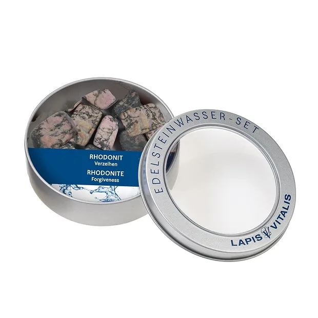 Wassersteine Rhodonit in Metall-Geschenkdose | Edelsteine, Heilsteine & Schmuck