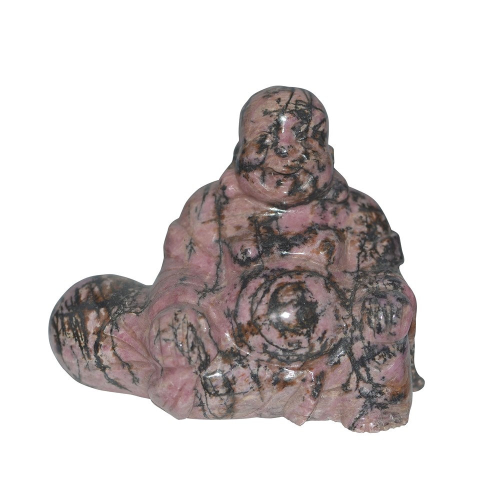 Engraving Buddha with worry bag, Rhodonite, 8.0 x 6.7 cm | Marco Schreier
